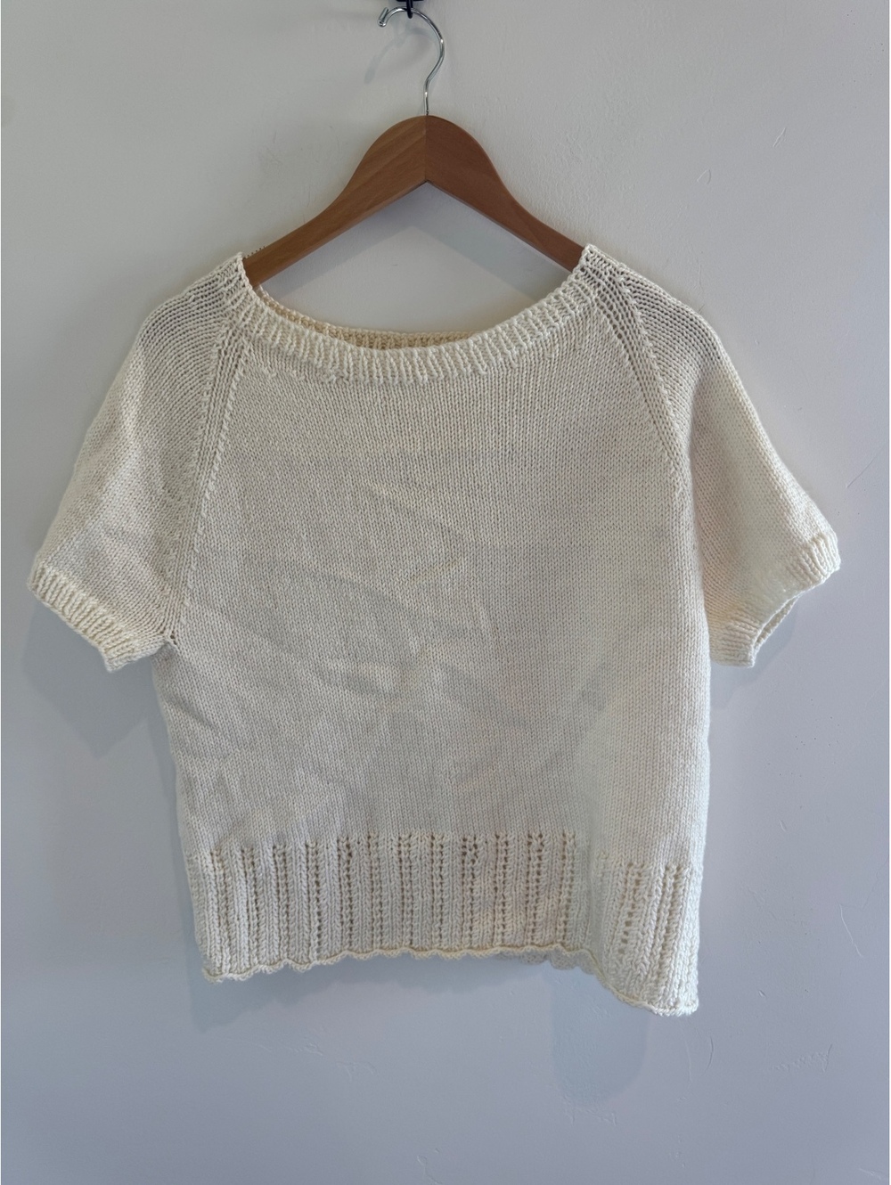 Cream Hand Knit Short Sleeve Sweater Top Cottagecore Handmade Look